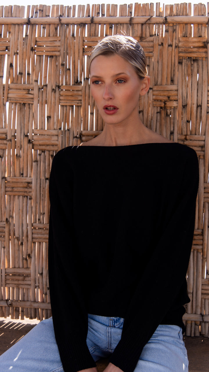 Dames pull in cashmere zwart met boothals | Louise