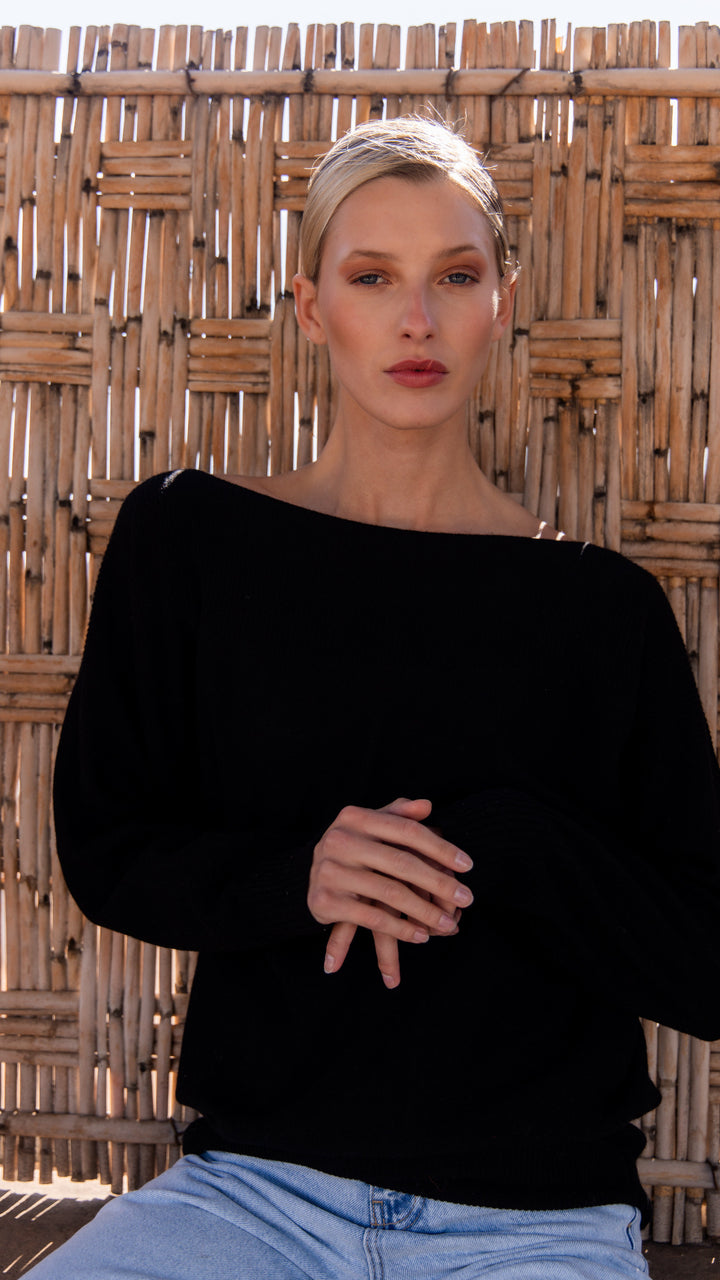 Dames pull in cashmere zwart met boothals | Louise