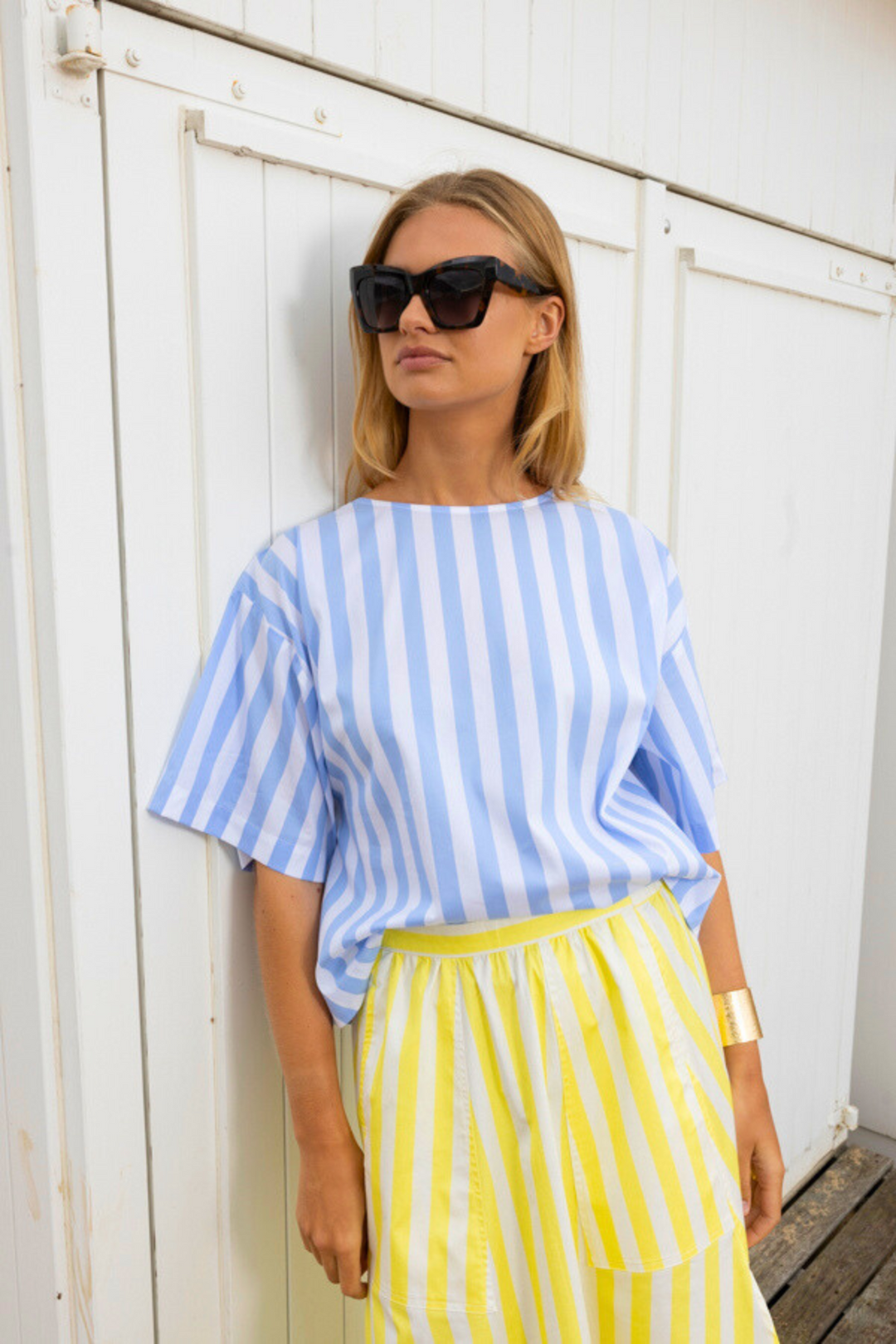 Dames blouse met V blauw-wit gestreept |  Reversible |Emilie