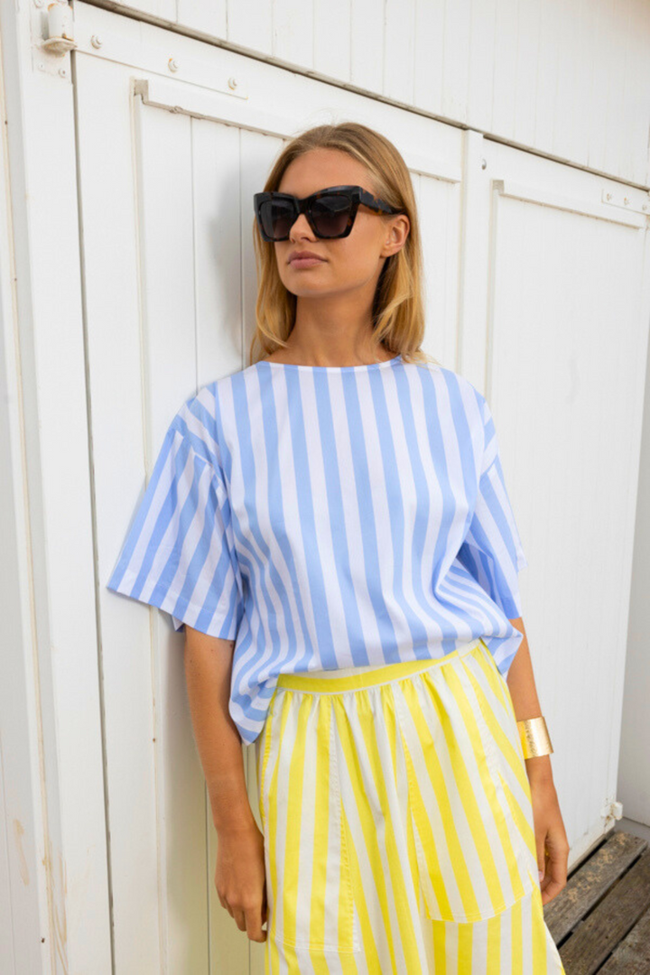 Dames blouse met V blauw-wit gestreept |  Reversible |Emilie