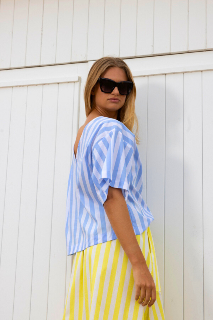 Dames blouse met V blauw-wit gestreept |  Reversible |Emilie
