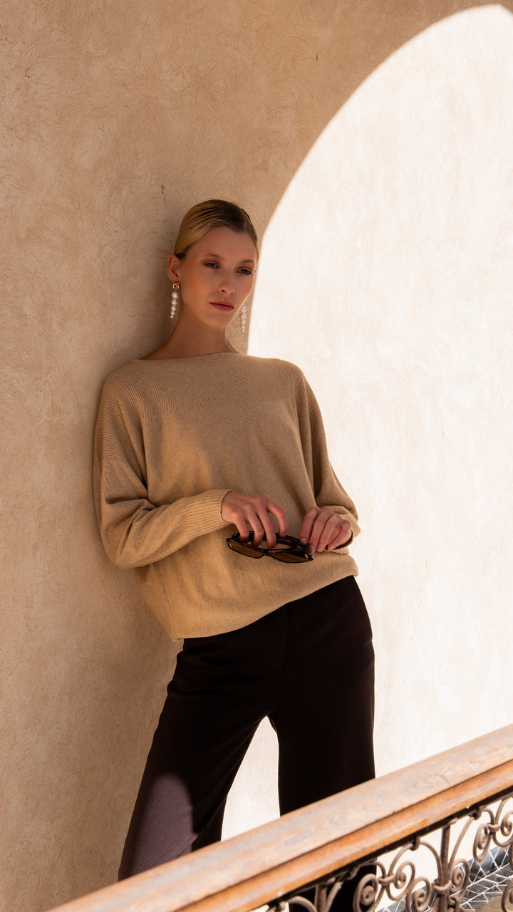 Dames pull in cashmere Beige met boothals | Louise