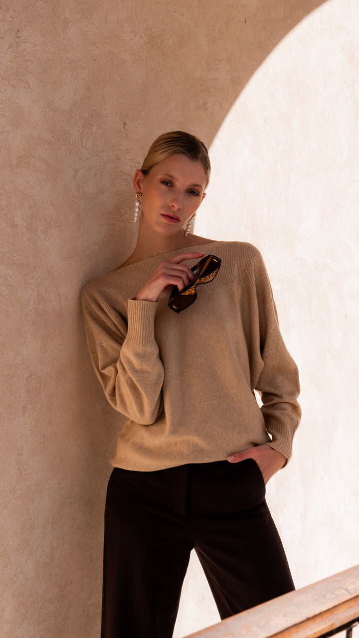 Dames pull in cashmere Beige met boothals | Louise