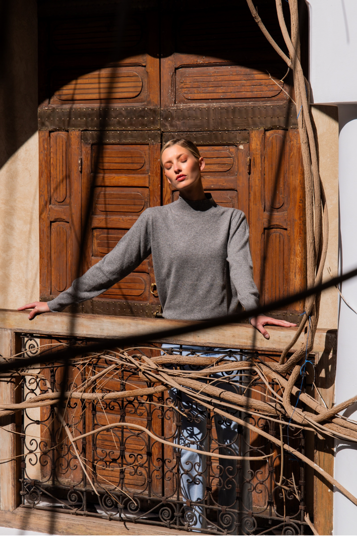 Dames pull cashmere grijs Sandrine met opstaande kraag