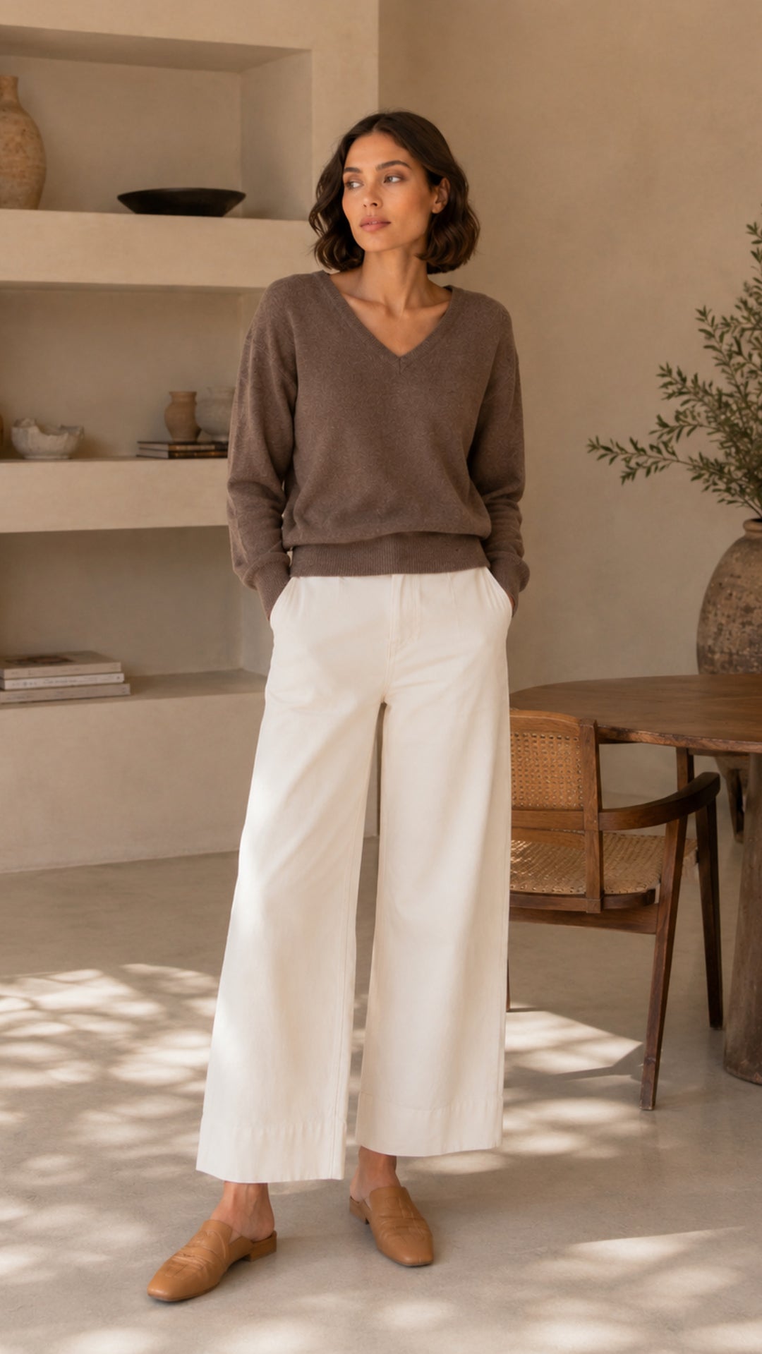 Dames pull cashmere met v-hals taupe  | Manon