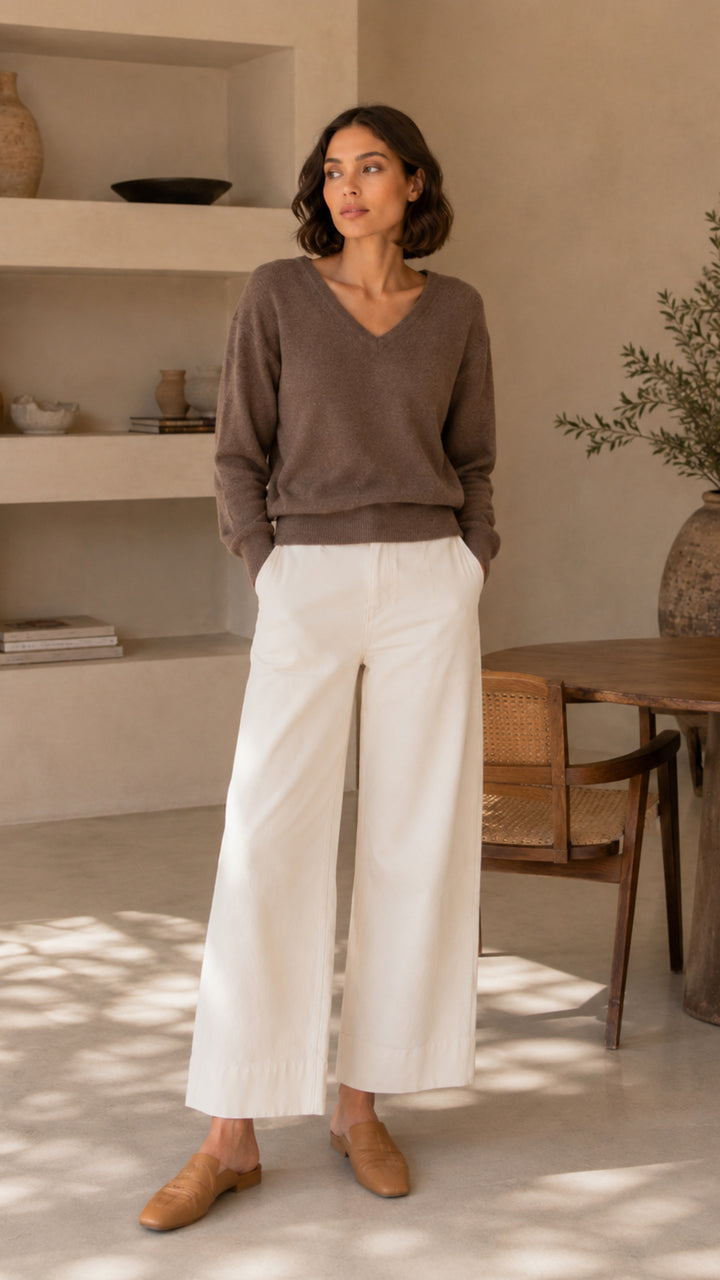 Dames pull cashmere met v-hals taupe  | Manon