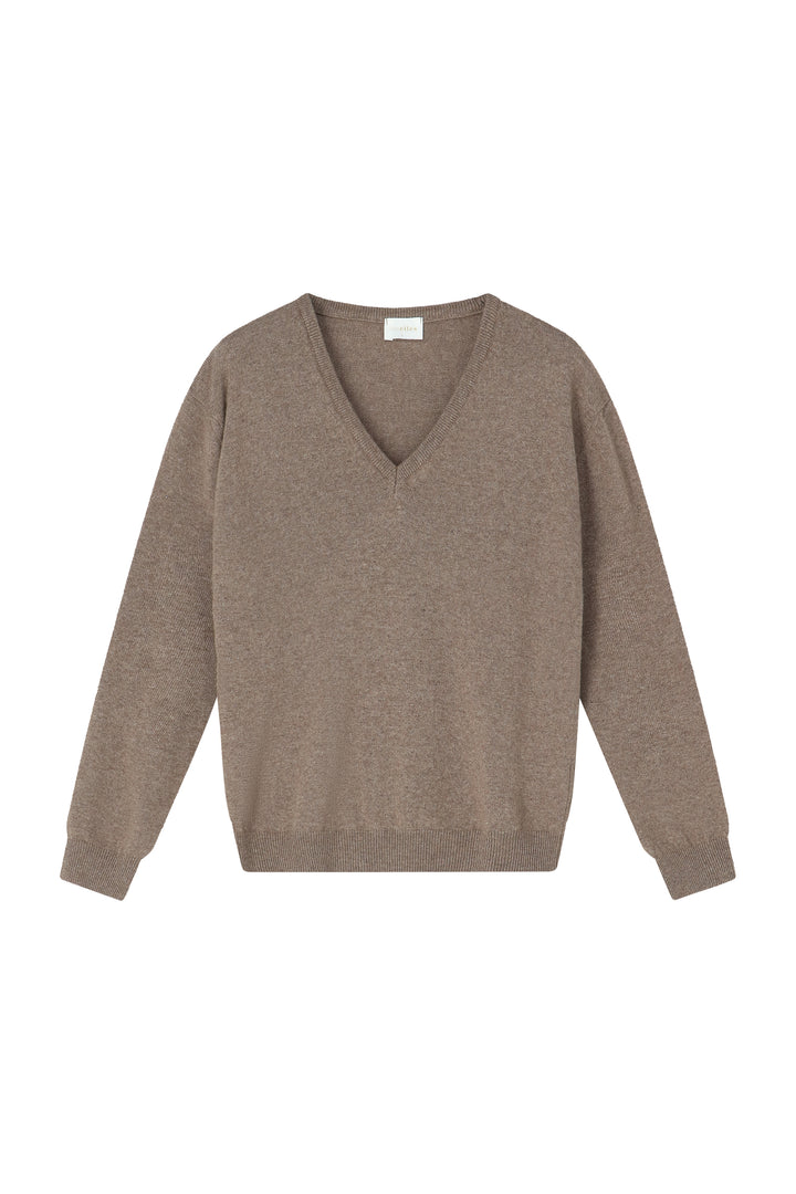 Dames pull cashmere met v-hals taupe  | Manon