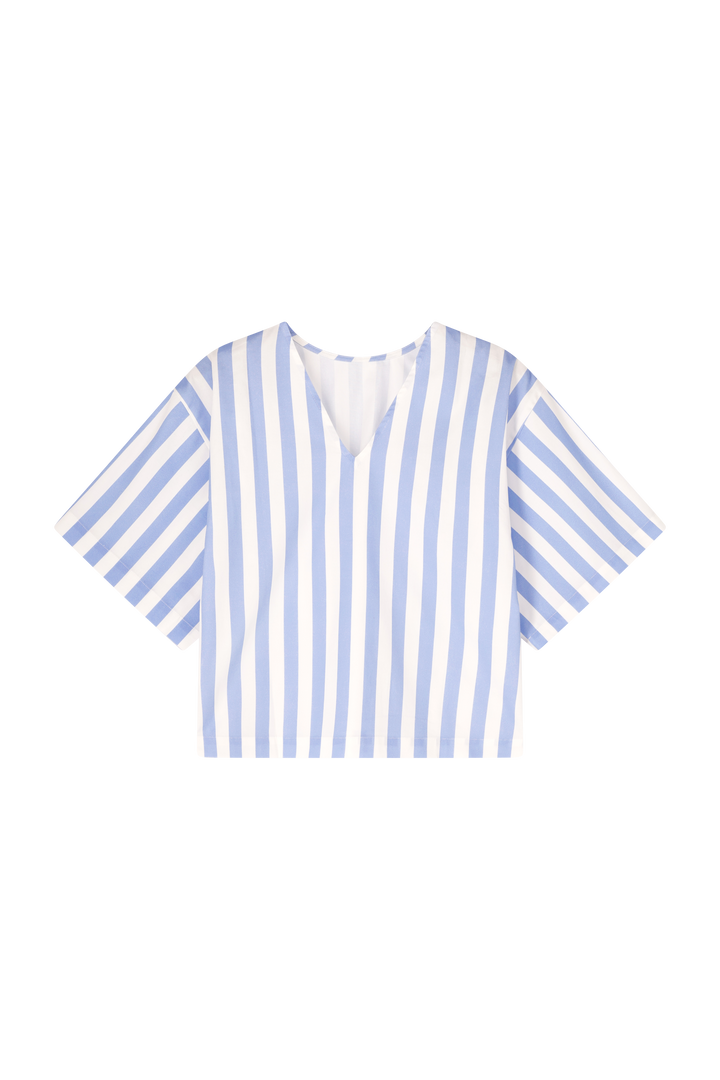 Dames blouse met V blauw-wit gestreept |  Reversible |Emilie