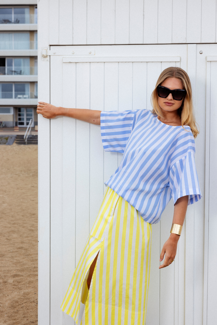 Dames blouse met V blauw-wit gestreept |  Reversible |Emilie