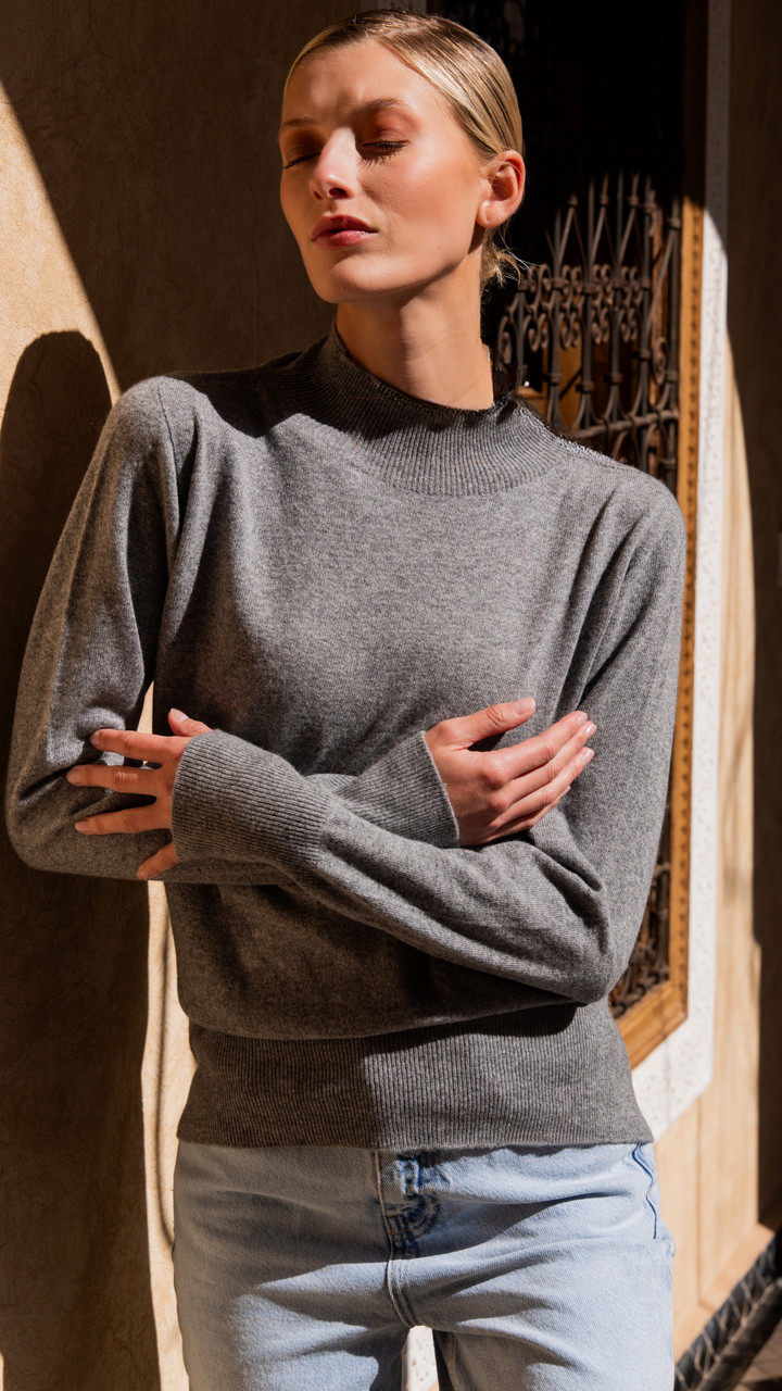 Dames pull cashmere grijs Sandrine met opstaande kraag